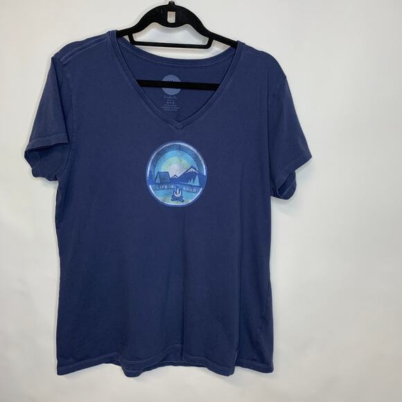 Life is Good Blue T Shirt Camping Mountains Sz Large V Neck - Picture 1 of 5